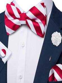 4Pcs Men Red‑White Striped Bow Tie Pocket Square Cufflinks Boutonniere Set For Wedding Business Party - Red - View 1