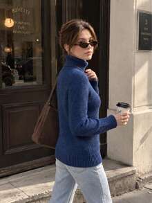 Women's Warm Knitted Turtleneck Pullover Sweater With Long Sleeves For Fall And Winter Style - Blue - View 5