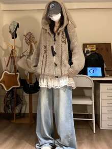 Vintage Hooded Horn Button Cable Knit Cardigan Women Autumn/Winter Loose Sweater Jacket - Khaki - View 6