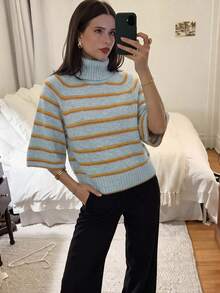 Women's Casual Autumn/Winter Solid Grey High Neck Batwing Sleeve Knit Top, Waist-Cinching Textured Design, Daily Commute Office Pullover - Multicolor - View 1