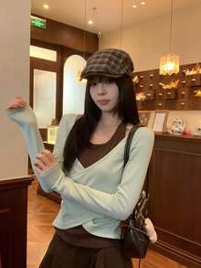 Korean Style Casual 2 In 1 Women's Top, College Autumn/Winter Design Fitted Base Layer Top - Mint Green - View 9