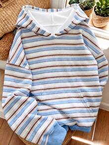 1pc Women's Multi-Color Blue & Brown Horizontal Striped Long Sleeve Loose Warm Comfortable College Style Retro Aesthetic Casual Silhouette Drawstring Hooded Sweatshirt - White - View 8