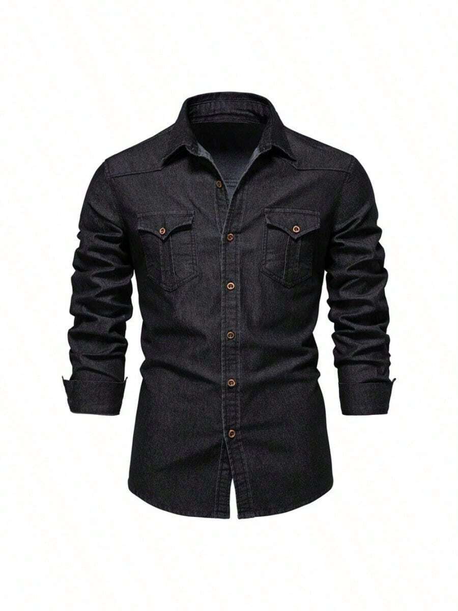 Primavera y verano chaquetas de los hombres, de algodón, delgado, chaqueta de solapa, camisa de doble bolsillo, estilo de la calle, la moda urbana, adecuado para el uso diario de desgaste - Negro - Ver 1