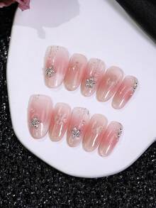 10pcs Pink Ombre Cat Eye Handmade Press On Nails Oval Medium Long False Nails With White Snowflake Print Silver Line & 3D Rhinestone Pearl Decor, Reusable Acrylic Fake Nail Tips For Autumn & Winter Women Party Daily Wear - Pink - View 2