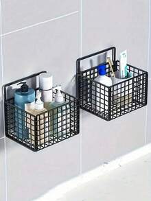 1/2pcs No-Drill Wall-Mounted Storage Basket, Self-Adhesive Iron Hanging Rack, Bathroom & Kitchen Storage Shelf, Sturdy Holder For Shampoo, Soap And Daily Toiletries - Black - View 3