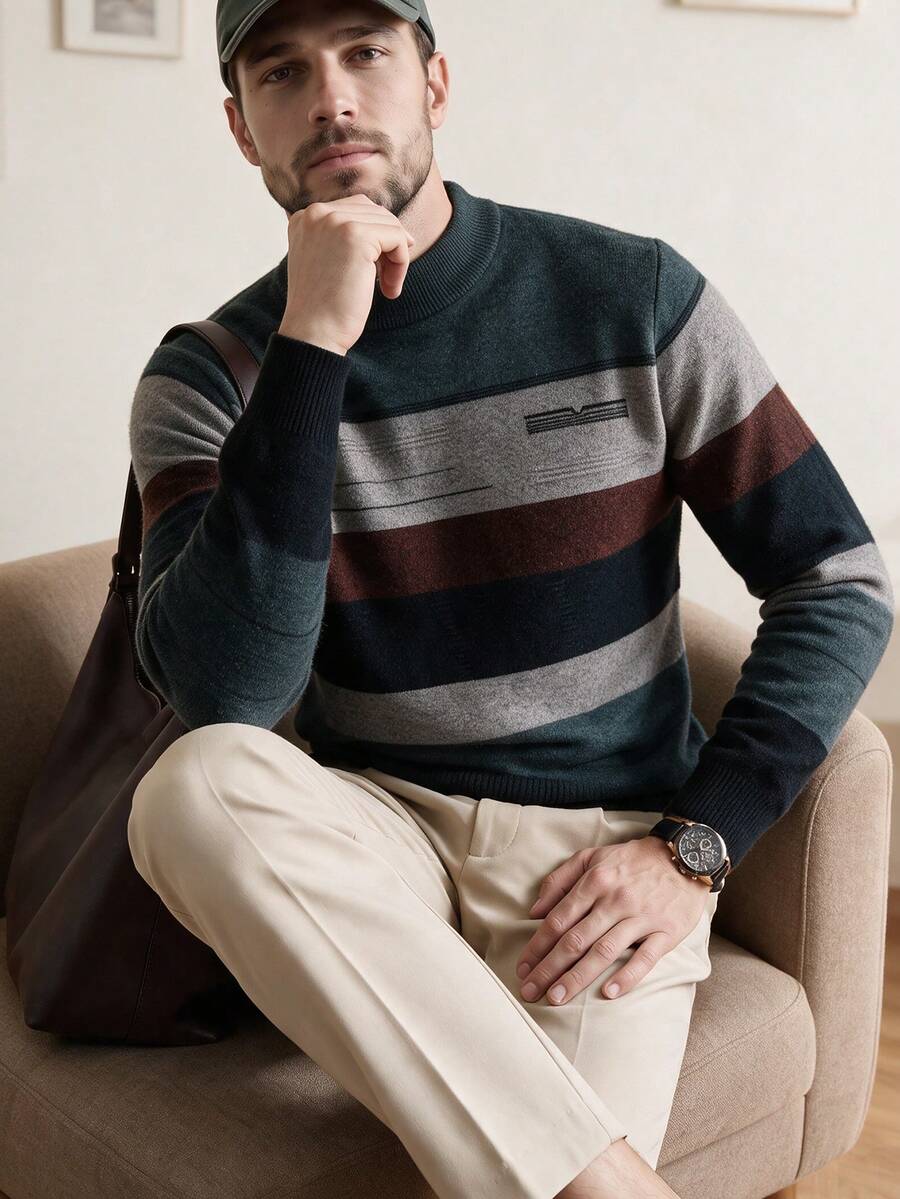 Men's Thickened Striped Contrast Color Crew Neck Sweater, Winter, For Fall, Long Sleeve Top - Green - View 1