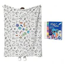 100x140cm/DIY Interactive Handmade Creative Painting DIY Doodle Blanket Black And White Hand-Drawn Coloring Sofa Nap Throw Blanket - Multicolor - View 12