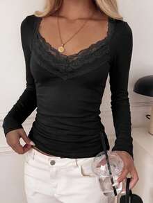 Women's Y2K Contrast Lace Long Sleeve Top, Cute Basic T-Shirt, Suitable For Back To School, Streetwear, Daily Commute And Home Leisure - Black - View 3