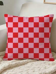 1pc Reversible Plaid Pink And Red Cushion Cover, Sofa Pillowcase With Hidden Zipper, Machine Washable, Perfect For Living Room, Bedroom Or Car Decor, Plaid Pattern, Durable Pillowcase, Pillow Insert Not Included - Pink - View 4
