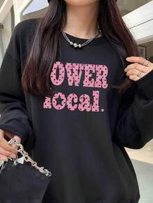High Street Pink Polka Dot Large Letter Print Black Oversized Crew Neck Sweatshirt, Women's Autumn Apparel - Black - View 6