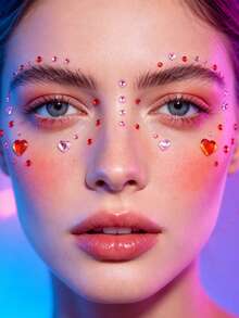 1pc Red Heart & Star Face Rhinestone Sticker, Self-Adhesive Face & Body Rhinestones, Red & Pink Heart Makeup Glitter, Suitable For EDM Festival, Halloween Cosplay, Party DIY Decoration - Multicolor - View 3