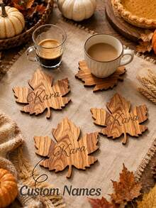 Customized Thanksgiving Maple Wood Coaster Set, Autumn Tabletop Decor, Natural Wooden Coffee Cup Coasters, Rustic Farmhouse Style Kitchen And Dining Table Decoration, Holiday Home Decor Accessories - Multicolor - View 7