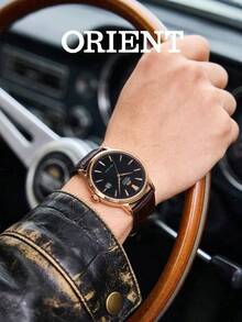 Orient Men's Rose Gold Round Automatic Mechanical Watch, Pure Black Radial Dial, Crocodile Pattern Dark Brown Leather Strap, Low-Key Business Style - Black - View 4