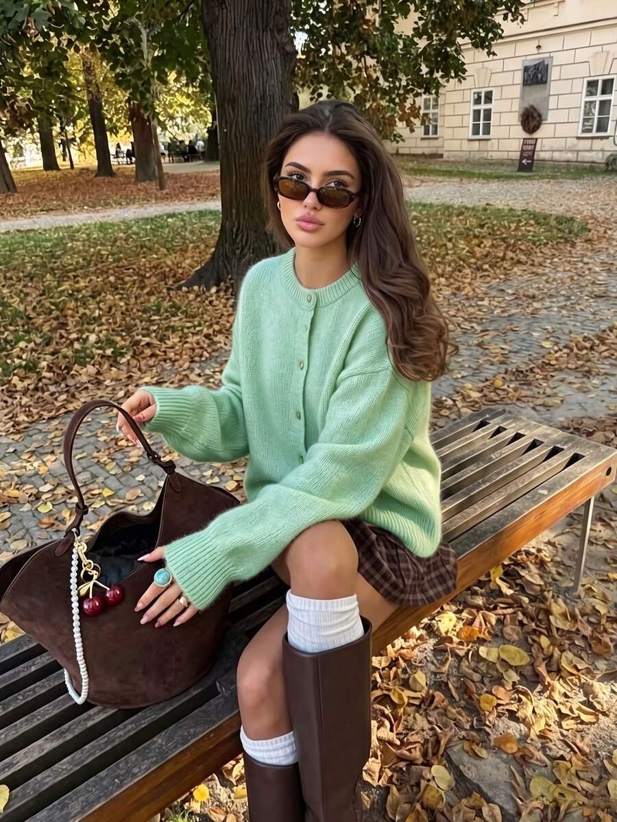 Simple, Preppy Style, Solid Color, Round Neck, Haute Couture, Button-Down Front, Casual, Versatile, Long-Sleeved, Soft, Girly Green Knit Sweater - Green - View 1