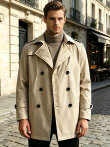 Men's Solid Color Double-Breasted Fashion Versatile Daily Commute Trench Coat Jacket - Apricot - View 2
