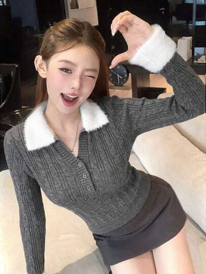 2026 Soft Plush Cable Knit Polo Top, Grey Cable Half-Placket 3-Button Slim Fit Long Sleeve Sweater, White Fur Trim Collar And Cuffs Sweater, Autumn/Winter Commute & Date, Soft Texture Slimming Knit Sweater For Women 18-35