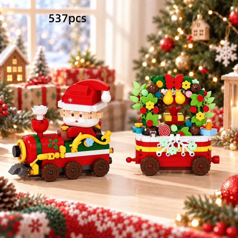 2pcs/6pcs/452+Pcs Christmas Building Blocks Set, Christmas Building Blocks Assembly Set, Christmas Train Building Blocks, Christmas Wreath Building Blocks, Miniature Building Blocks, Display Decor, Adult Christmas Gift - Multi-color Christmas Toy Train - View 1