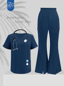 1 Set Solid Color V-Neck Short Sleeve Top And Split Leg Pants Lab Coat Nurse Scrub Scrubs Outfit Fall - Deep Blue - View 4