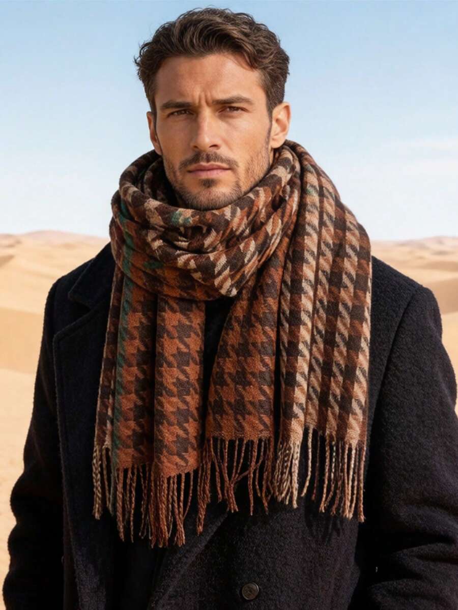 1pc Universal Houndstooth Square Tassel Decor Casual Street Woven Scarf Suitable For Autumn/Winter - Multicolor - View 1