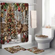 1pc/4pcs Forest Snow Scene Deer Pattern Multi-Functional Bathroom Decor Shower Curtain Set, Free 12 Hooks, Premium Holiday Atmosphere, Bathroom Mat, U-Shaped Floor Mat And Round Toilet Lid Cover, Suitable For All Occasions, Bathroom Set - Forest Snow Reindeer - View 9