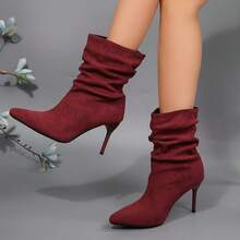 Sexy Pointed Toe Stiletto High Heel Ankle Boots For Women, Ruched Shaft, Suede Texture, Commute, Date, Fashion Ankle Boots - Red - View 2