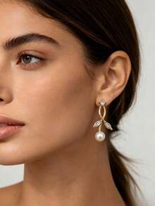 1 Pair Women's 14K Gold Plated Earrings, Inlaid With Cubic Zirconia And Pearls, Hypoallergenic Material, Suitable For Bridal Wear Or As A Gift - Gold - View 4