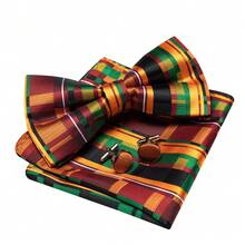 4Pcs Men Orange Striped Bow Tie Pocket Square Cufflinks Boutonniere Set For Wedding Business Party - Orange - View 3