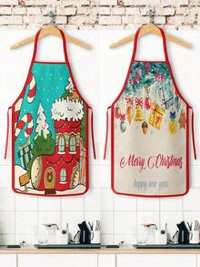2Pcs Christmas Couple Apron Set, Candy Cane Ginger House Xmas Ornament Bell Gift Printed Adjustable Bib Apron, Holiday Kitchen Cooking Baking Apron For Family Party Christmas New Year Gift - Multicolor - View 2