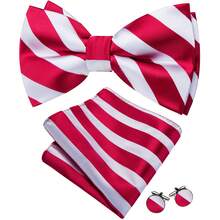 4Pcs Men Red‑White Striped Bow Tie Pocket Square Cufflinks Boutonniere Set For Wedding Business Party - Red - View 5