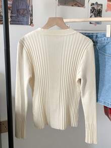 V-Neck Design, Thin Button, Long Sleeve, Striped Underarm Sweater, Women's Cardigan, Autumn/Winter, Back To School Season - Apricot - View 9