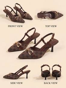 Brown Printed Pointed Toe Stilettos High Heels, Classic Metal Buckle Stiletto Pumps, Suitable For Summer Commute, Date, Banquet, Party - Brown - View 6
