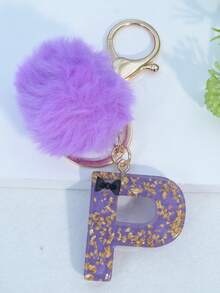 Minimalist Cute Initial Keychain A-Z Women's Bag Charm Black Bow Purple Pom Pom Key Chain Daily Wear Gift Accessory - Purple - View 30