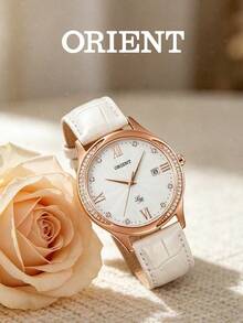 Orient Women's Rose‑Gold Tone Three‑Hand Quartz Watch Single‑Date Window White Croc‑Embossed Leather Strap Minimal‑Luxury Daily Ladies Watch - White - View 3