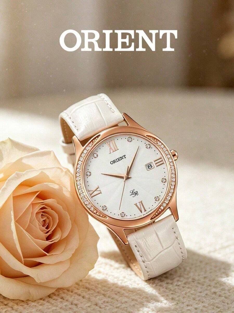 Orient Women's Rose‑Gold Tone Three‑Hand Quartz Watch Single‑Date Window White Croc‑Embossed Leather Strap Minimal‑Luxury Daily Ladies Watch - White - View 1