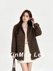 Jaket Kancing Depan Bahan Suede Beludru Gaya Gudang Vintage Maillard Warna Cokelat, Cocok untuk Pakaian Sehari-hari di Kampus/Kantor, Musim Dingin - Chocolate Brown - View 1
