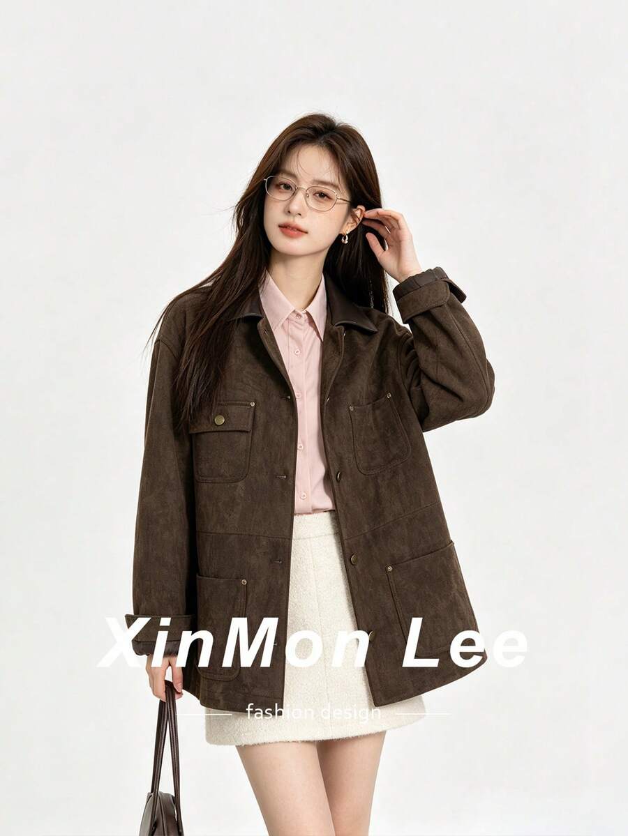 Jaket Kancing Depan Bahan Suede Beludru Gaya Gudang Vintage Maillard Warna Cokelat, Cocok untuk Pakaian Sehari-hari di Kampus/Kantor, Musim Dingin - Chocolate Brown - View 1