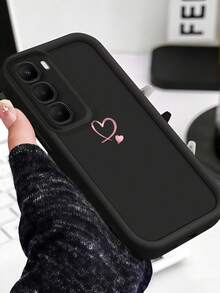 1pc Matte Stepped Eye Frame Phone Case, Minimalist Pink Heart Phone Case For Android, Simple Black Matte Aesthetic Phone Cover, Cute Girl Style Anti-Drop Protective Shell, Compatible With Samsung, Series Phones - Black - View 2