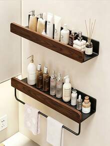 Rak Penyimpanan Dinding Kamar Mandi dari Kayu Walnut, Tidak Perlu Pengeboran, Rak Dinding Toilet & Wastafel dengan Drainase - MultiWarna - View 1