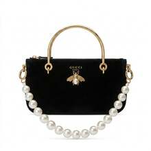 GUCCI Black Velvet Shoulder Bag With Gold Bee Decor, Faux Pearl Metal Handle, Detachable Pearl Chain Crossbody Handbag, Suitable For Parties - Black - View 2