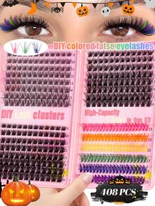 Multi‑Style Multi‑Color 408‑Pcs D‑Curl Lash Clusters, 9‑16mm Ultra‑Thin Soft Lightweight DIY Layering False Eyelashes,Easy For Beginners To Use And Suitable For Daily Wear,Partiesand Cosplay,They Are Perfect For Halloween And Christmas Styling Needs - D - View 1
