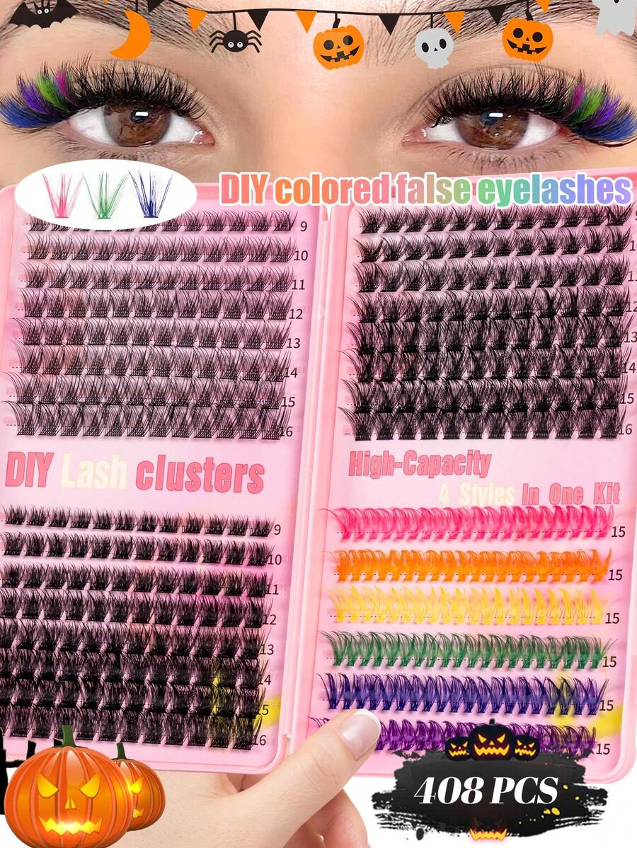 Multi‑Style Multi‑Color 408‑Pcs D‑Curl Lash Clusters, 9‑16mm Ultra‑Thin Soft Lightweight DIY Layering False Eyelashes,Easy For Beginners To Use And Suitable For Daily Wear,Partiesand Cosplay,They Are Perfect For Halloween And Christmas Styling Needs - D - View 1