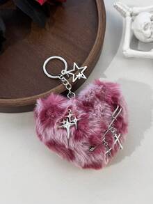 1pc Sweet & Cool Girl Style Heart Plush Bag Charm, Leopard Print Faux Fur Fabric, Starburst Cross Metal Pin Accessory, Daily Commute Outfit Bag & Key Pendant - Multicolor - View 9