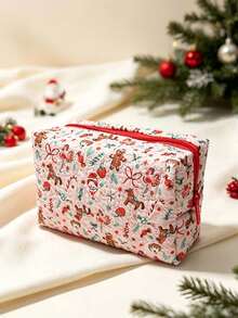 Christmas Quilted Makeup Bag, Festive X‑Mas Print Zipper Cosmetic Pouch, Portable Travel Toiletry Storage Bag For Holiday Gift - Multicolor - View 13