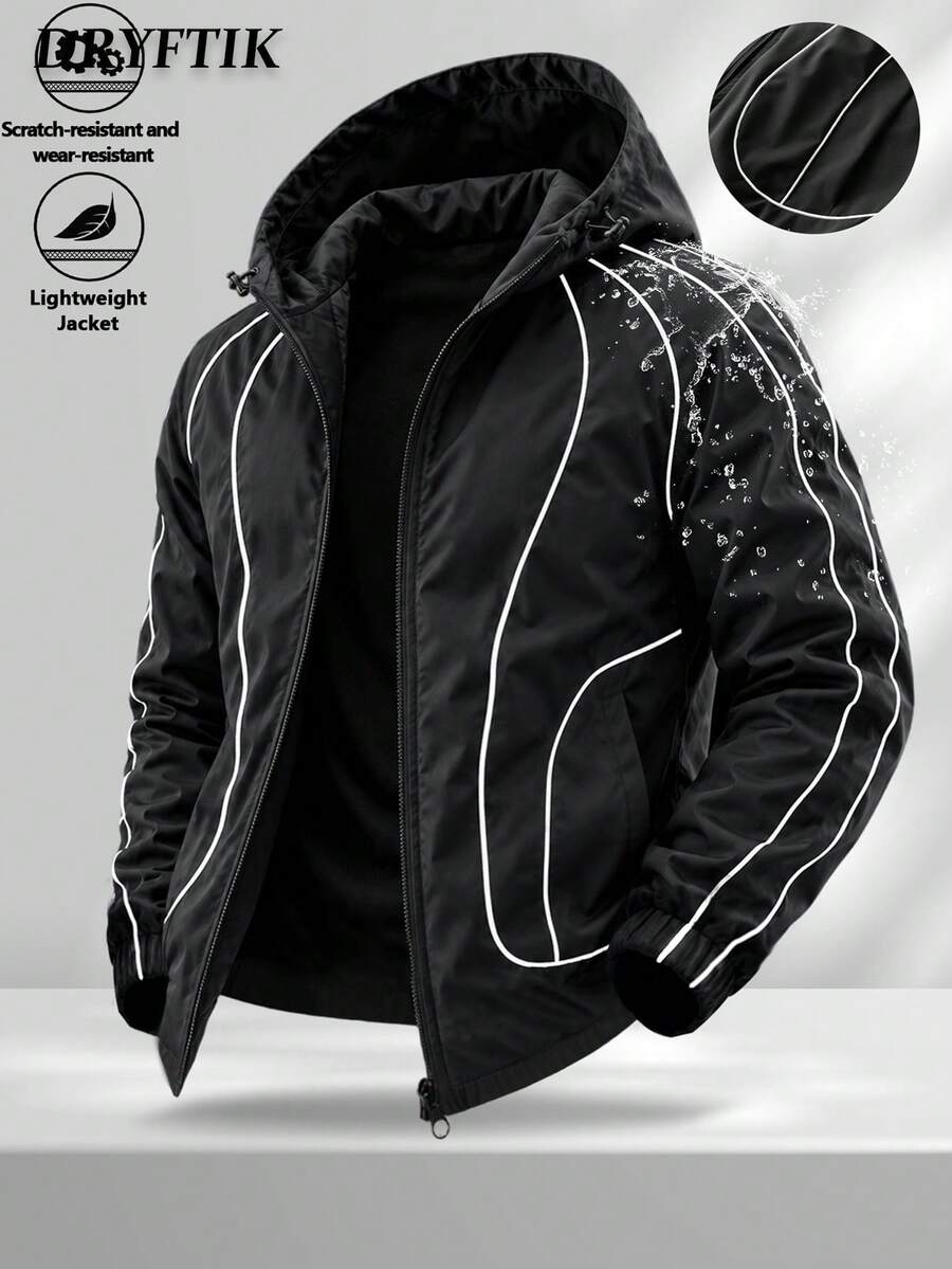 Street Sports Casual Commuter Versatile Men's Hooded Jacket With Linear Design, Unique Curved Color-Block Piping, Adjustable Drawstring Hood, Smooth Zipper Closure, Elastic Cuffs And Hem - Black - View 1