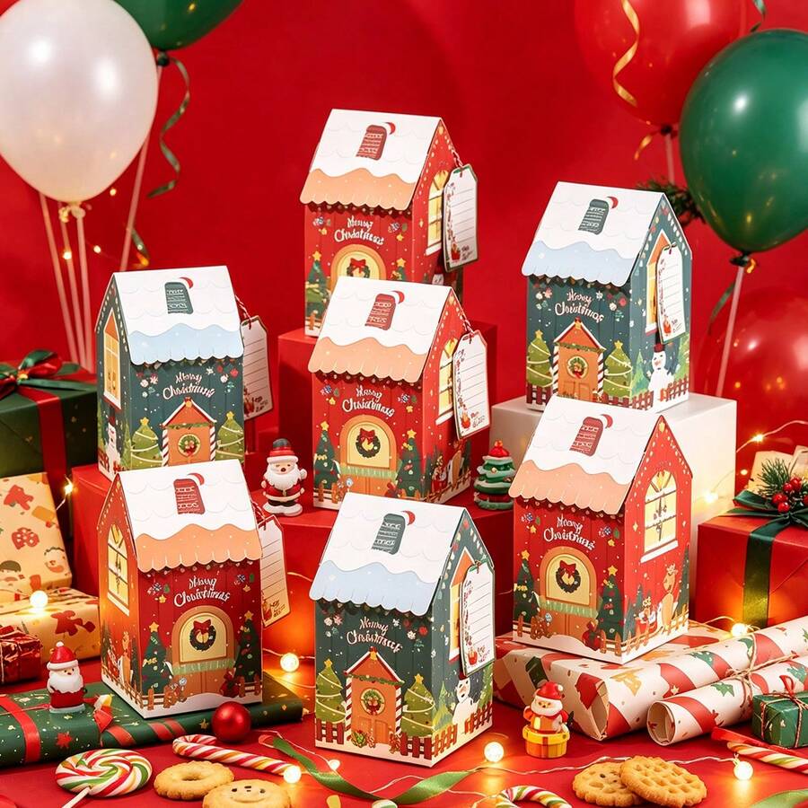 10pcs/Pack Christmas Baking Candy Cookie Small Gift Boxes Paper Boxes Small House Small Gift Boxes Paper Boxes With Rope Card Decoration Photo Box - View 1