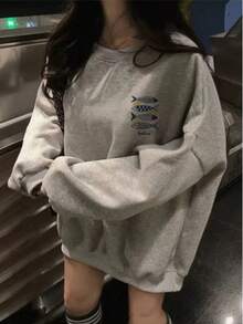 Niche Ocean Style Fish School & Lemon Back Print Sweatshirt, Minimalist Vintage Loose Drop Shoulder Crew Neck Women's Autumn Top - Light Grey - View 6