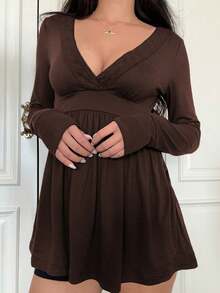 Autumn Y2K Women's Basic Cross V-Neck Long Sleeve Loose Top, Brown, Suitable For Back To School Season Daily Casual Wear - Brown - View 6