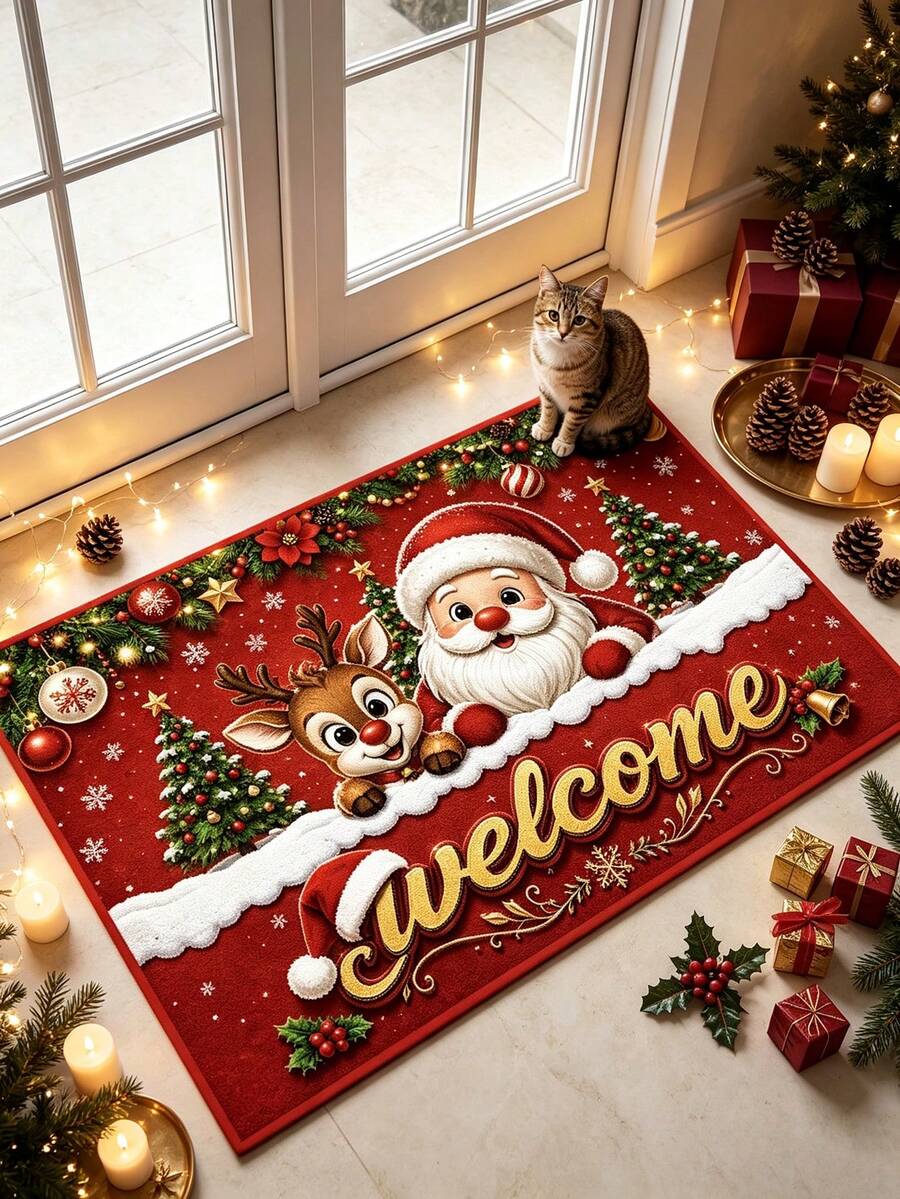 1pc Red Santa Claus & Reindeer Doormat, Christmas Gift, Door Mat, Small Rug, Welcome Mat, Carpet, Floor Mat, Outdoor Doormat, Kitchen Rug, Home Decor, Front Door Mat, Area Rug, Outdoor Mat - Multicolor - View 1