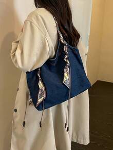 Large Capacity Commuter Shoulder Bag With Scarf And Tassel Decor Tote Bag - Blue - View 2