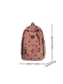 Women Sweet Bow Print Corduroy Backpack, Pink Quilted Diamond Pattern Large Daypack Multi‑Zipper Pockets Casual Rucksack For Teen Girls School - Multicolor - View 10
